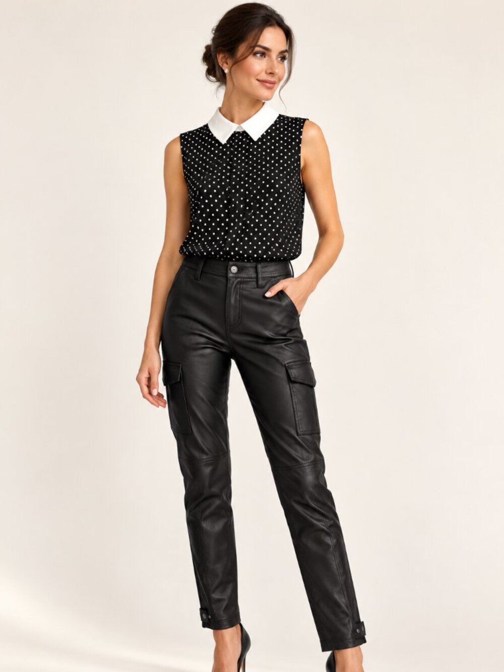 Polka Dot sleeveless blouse, lightly textured, crepe-style fabric. Medium